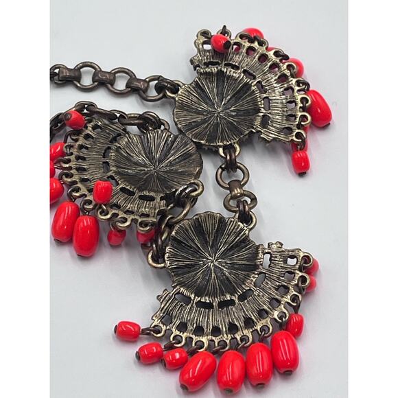 J. CREW Fan Fringe Flower Purple Orange Gold Tone Statement Bib Necklace - Picture 5 of 16